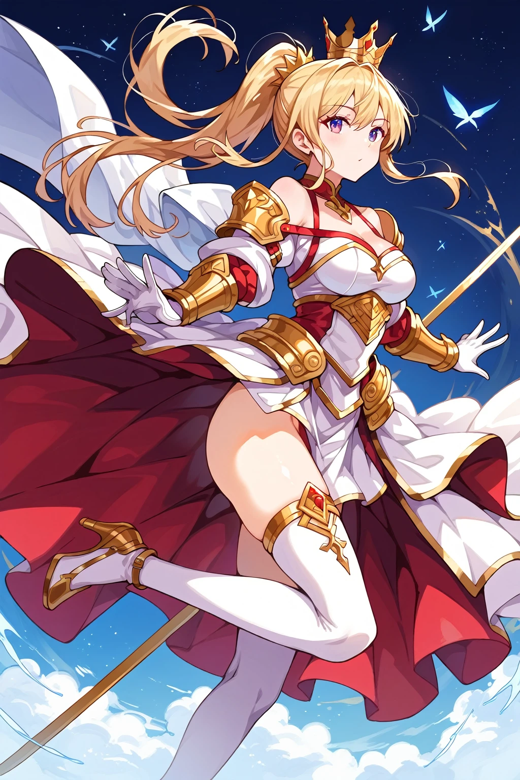 score_9, score_8_up, score_7_up, source_anime,masterpiece, best quality, high resolution, extremely detailed CG, absurdres, 1girl, solo, a girl in armor and a crown holding a large sword, white armor, golden decoration, red_outfit, off-shoulder, thighhighs, long hair, ponytail, blond hair, leg armor, cleavage, crown, gloves, armor, white gloves, high heels, off-shoulder armor, >:)