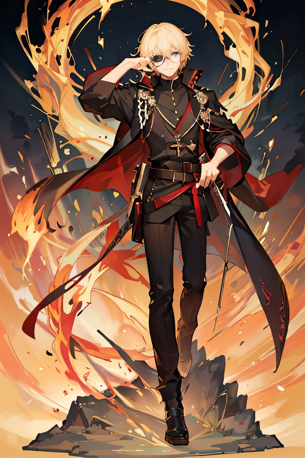 blonde haired man with glasses and a black shirt making a hush sign, with index finger, high quality fanart, trigger anime artstyle, handsome anime pose, he wears an eyepatch, tall anime guy with blue eyes, official fanart, key anime art, artwork in the style of guweiz, highly detailed exquisite fanart, kentaro miura manga art style, blonde hair