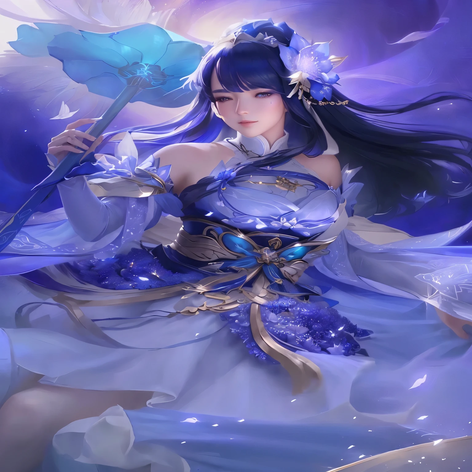 a woman in a blue dress holding a blue flower, beautiful celestial mage, by Yang J, extremely detailed artgerm, full body xianxia, fantasy art style, onmyoji detailed art, a beautiful fantasy empress, portrait knights of zodiac girl