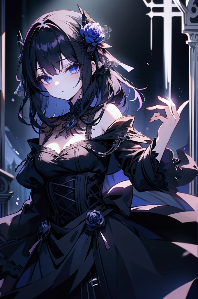anime princesa vampiro, pelo largo y blanco, Gothic style, rosas en el pelo, dark black eyelashes, iris de brillo blanco, colmillos, vestido azul claro