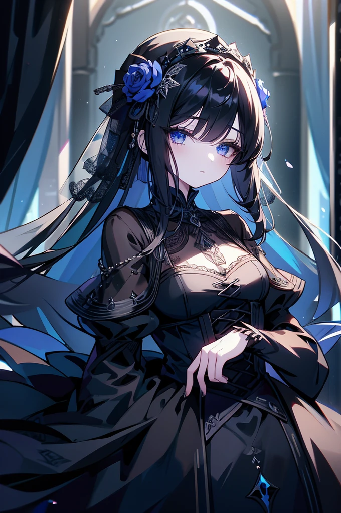 anime princesa vampiro, pelo largo y blanco, Gothic style, rosas en el pelo, dark black eyelashes, iris de brillo blanco, colmillos, vestido azul claro