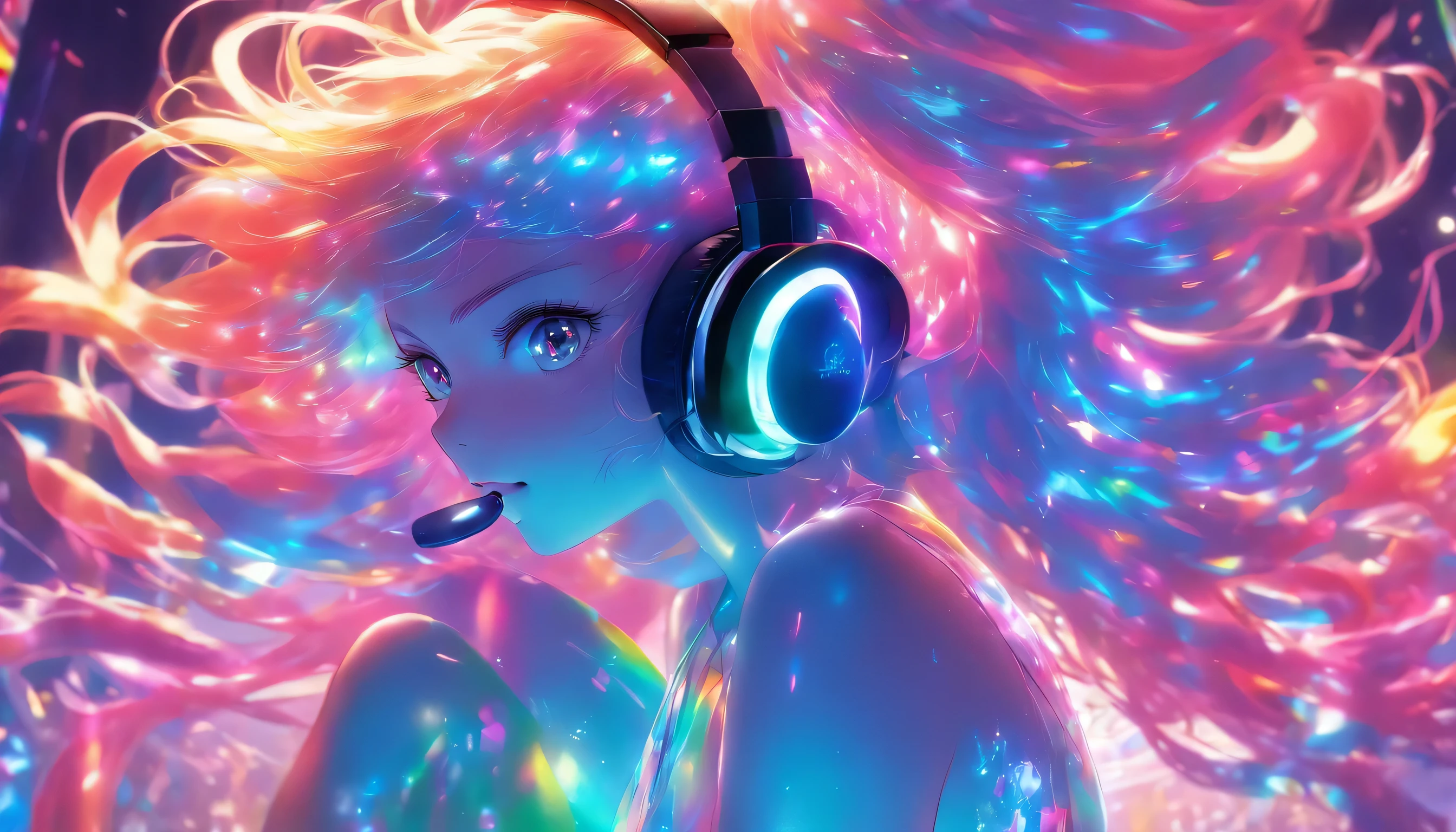 Transparent color PVC clothing, Transparent color vinyl swimsuit, Prismatic, Holographic, chromatic aberration, Fashion Illustration, masterpiece, DJ Girl, View Viewer, 8k, Super detailed, Pixiv、((Colorful Hair))、Wearing headphones、((Full Body))