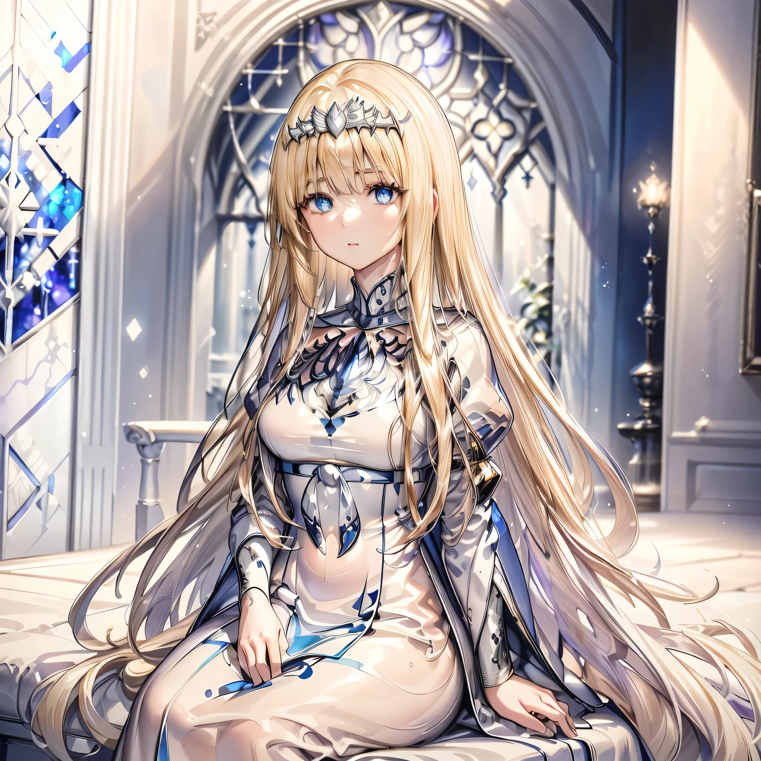 High definition RAW color art, Animation, sculptures, silver marble skin, (((Ultra detailed elegant))), Magical atmosphere, (Detailed skin, Texture (Intricately detailed, Fine detail, ultra-detailliert), depth of fields, Bokeh, silky touch, beautiful eyes, glass world, Hyper Detail, Matte Drawing, Pastel purple, 1girl, solo, Calca, Calca Bessarez, blonde hair, (extremely long hair:1.3), very long hair, white tiara, silver tiara, white dress, blue eyes, medium chest, long straight hair,, full body, sitting on the throne, indoor, cathedral, stained glass