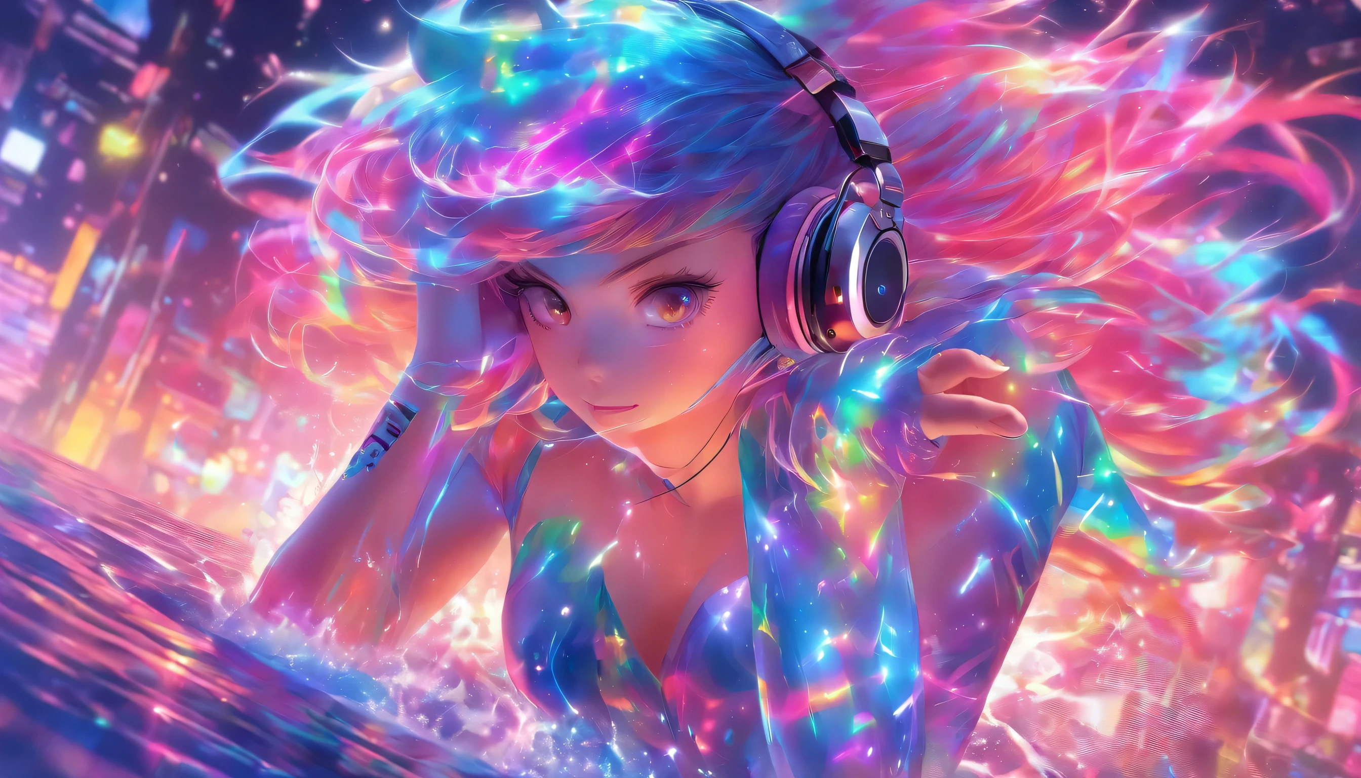 Transparent color PVC clothing, Transparent color vinyl swimsuit, Prismatic, Holographic, chromatic aberration, Fashion Illustration, masterpiece, DJ Girl, View Viewer, 8k, Super detailed, Pixiv、((Colorful Hair))、Wearing headphones、((Full Body))