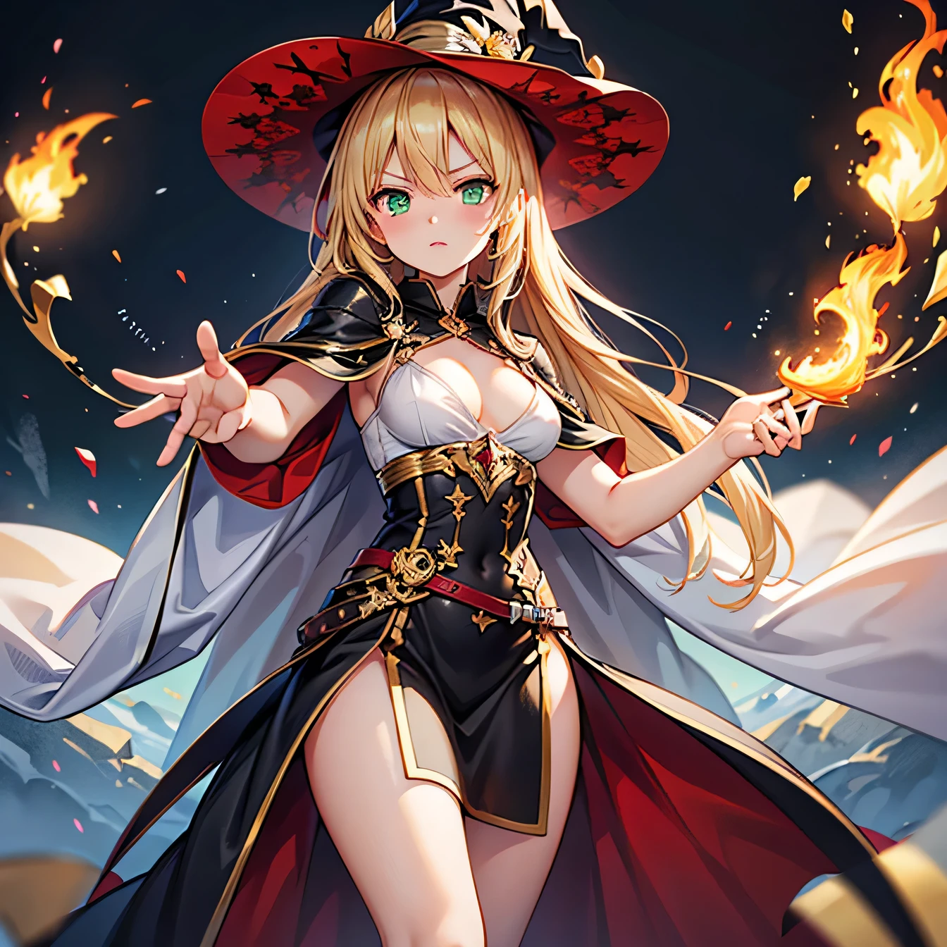 Anime art style,highest quality,High resolution,Anatomically correct,One Woman,20-year-old,Blonde,Super long hair,Beautiful ironed hair,Green Eyes,Super detailed,Fantasy worldview,witch,White hat with gold trim,White cloak with gold trim,A black dress,Medium sized ,Lifted eyes,Serious expression,One hand outstretched in front,Flames coming out of the hands,8K