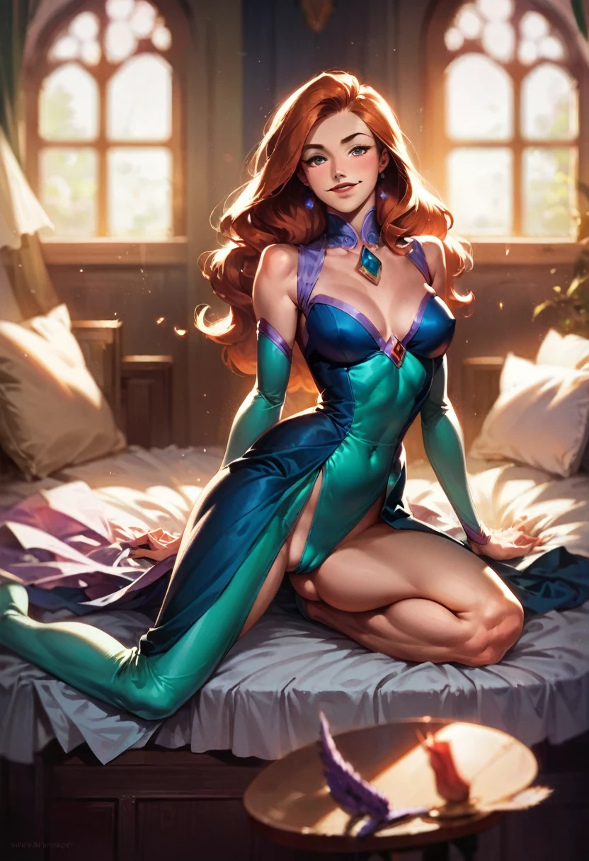 score_9, score_8_up, score_7_up, score_6_up, score_5_up, (high quality, detailed, beautiful), detailed soft lighting, rating_explicit, 1girl, Kim Possible, orange-red hair, resting on her bed, looking sexy, beautiful eyes, open eyes, smiling, (Jubilee suit:1.2), (dusk:1.2), (full body portrait:1.2), cameltoe, sharp focus, portrait, studio lighting, bokeh, (masterpiece, best quality), (high resolution), perfect face, flawless, professional artwork, artstation, cinematic lighting, beautiful face, beautiful eyes, large eyes, bright eyes, beautiful smile, perfect hands, anatomically correct, perfect anatomy.