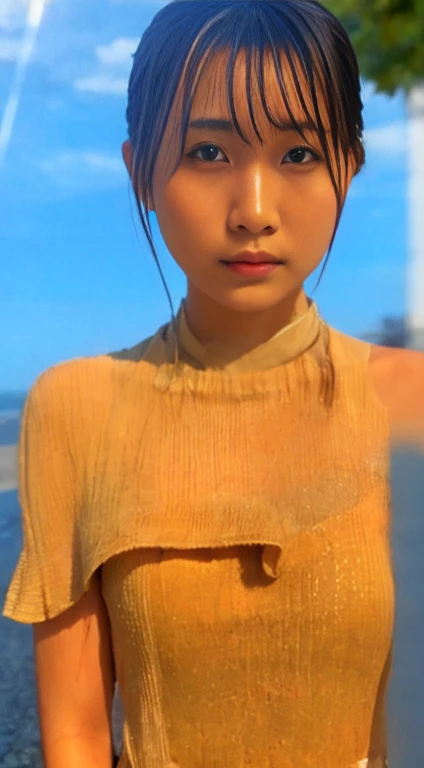 ((highest quality、8k、masterpiece:1.3))、Beautiful and realistic Japanese women、Clear Eyes、Beautiful woman with perfect body:1.4、Slim Belly:1.2、((Layered Haircut、Giant bust:1.2))、(Perfect Anatomy)、 (Beautiful body、Beautiful Skin)、 (Wet Hair,:1.2)、(rainに濡れた白いシャツ)、(rain、street:1.2)、Wet body:1.2、Highly detailed face and skin texture、 Fine grain、double eyelid、Sunburned skin、sexy、hot day、Beautiful Skin、Tanned body、Exposed shoulders、Supermodel、Professional photography、Upper Body