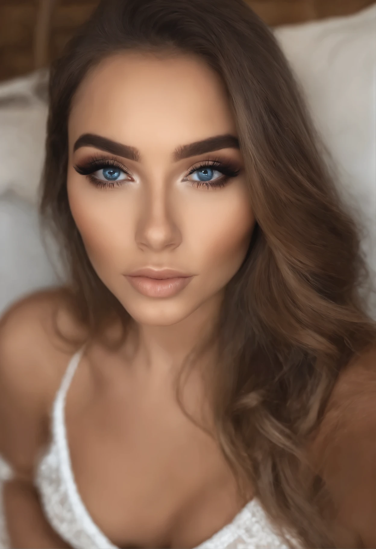 mujer arafed completamente , chica sexy con ojos azules, ultra realista, meticulosamente detallado, Retrato de Sophie Mudd, cabello rubio y ojos grandes, selfie de una mujer joven, ojos dormitorio, violeta myers, sin maquillaje, maquillaje natural, looking directly at the camera, cara con artgrama, maquillaje sutil, Impresionante foto de cuerpo completo arrodillado en la cama., en el dormitorio, Medium to large bust; ; ;Desnudo