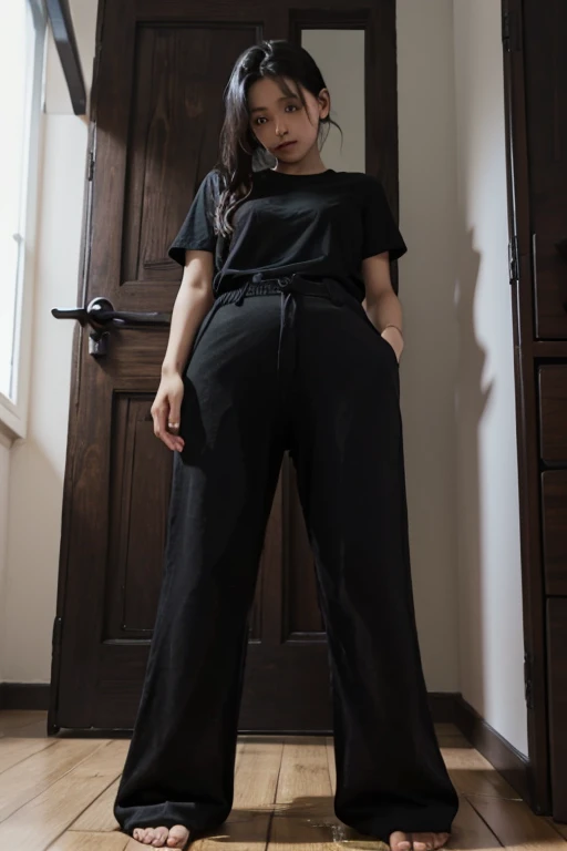 Malay Girl sees the ghost and pees her black culotte trousers pants until her pants are wet in fright.