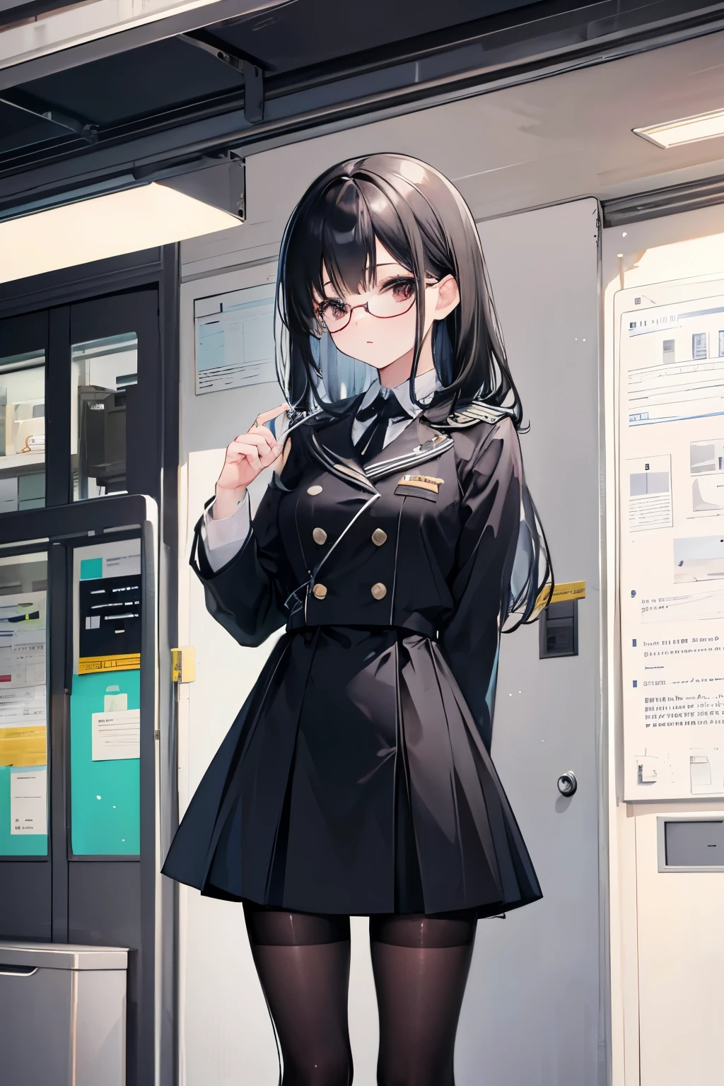 Black Hair,clear,cute,black tights,uniform,Glasses
