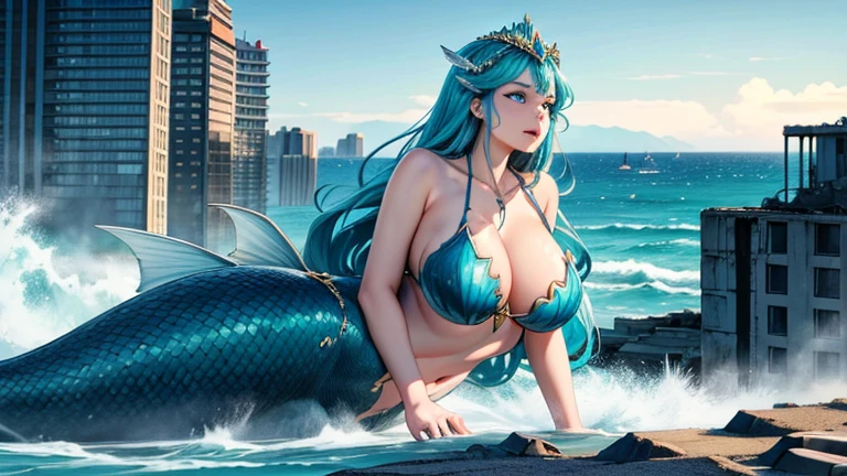Generate an image depicting a scene of devastation as an immensely colossal and breathtakingly beautiful giant mermaid queen gazes down upon the city while making landfall from the ocean onto the beach. Her massive mermaid form rises from the water onto the land, towering over the coastline like a mythical deity. Waves crash against her colossal form as she steps onto the shore, sending water cascading around her. Emphasize the sheer size and majesty of her form as she lies down on the land, her massive tail stretching out behind her. Buildings crumble and collapse under her immense weight as she presses her body against the city, leaving destruction in her wake. Include details such as the crumbling structures, terrified crowds fleeing in panic, and the chaos unfolding around her. Additionally, depict the giant mermaid queen using her immense size to crush and dominate the city beneath her, with her sprawling across the land and crushing buildings beneath her massive form. Highlight the serene yet fierce expression of the giant mermaid queen, emphasizing her stunning beauty as she gazes upon the city with satisfaction. Ensure that the size of the giant mermaid queen is overwhelmingly large, with her towering above everything in the scene. Show the city overwhelmed by the arrival of the giant mermaid queen, with buildings being crushed beneath her colossal form. Please generate the image in a realistic style