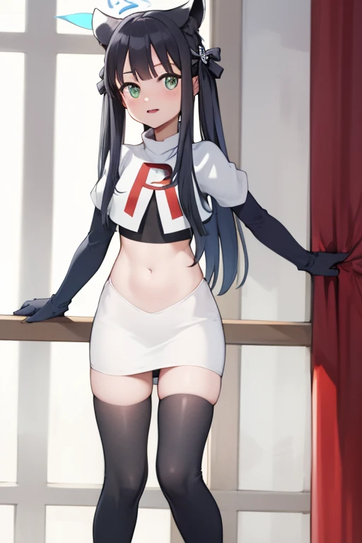 masterpiece,shundef, team rocket,team rocket uniform,white skirt,red letter R,crop top,black thigh-highs,black elbow gloves