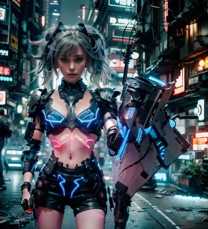 (Photorealistic:1.4) 1 beautiful girl, (((cyberpunk grey armour technological with blue neon decourations))), ((blonde straight hairs)), ultra beautiful cute, perfect, with a book that emits purple lightnings, 12k, UHD, PHOTOREALISTIC, ULTRA REALISTIC, raw photo, insane details, masterpiece, ((babe gorgeous the most beautiful in the world))
