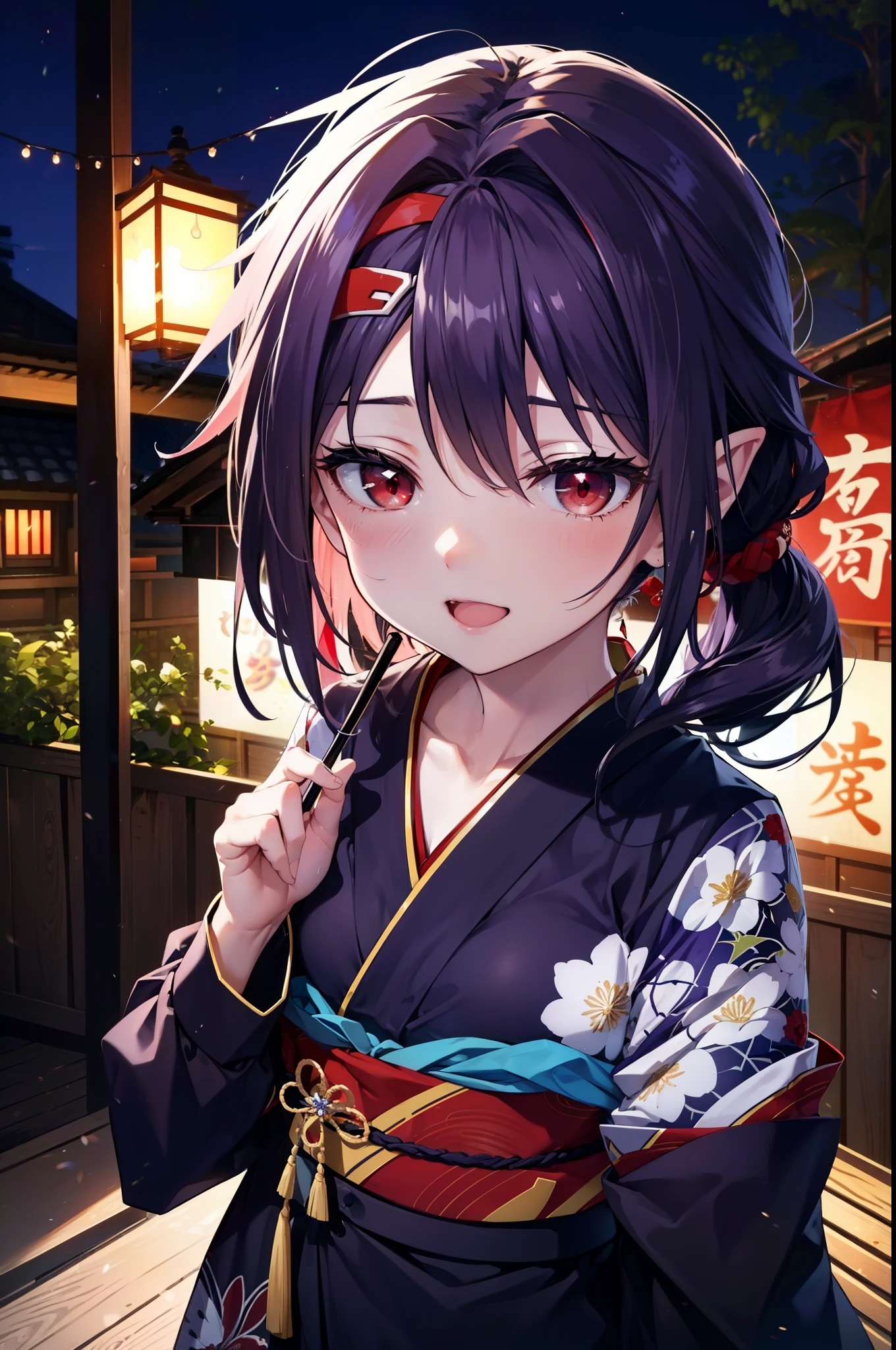 yuukikonno, Konno Yuuki, hair band, Long Hair, Pointed Ears, Purple Hair, (Red eyes:1.5), (Small breasts:1.2), Open your mouth,Open your mouth,Long Hair,happy smile, smile, Open your mouth,Purple Kimono,Long sleeve,Sandals,night空の花火,Fireworks display,Japanese Festivals,Summer festival food stalls,Red Lantern, night,whole bodyがイラストに入るように,Looking down from above,
break outdoors, shrine,                                              break looking at viewer,whole body,Upper Body,(Cowboy Shot:1. 5)
break (masterpiece:1.2), highest quality, High resolution, unity 8k wallpaper, (shape:0.8), (Beautiful and beautiful eyes:1.6), Highly detailed face, Perfect lighting, Highly detailed CG, (Perfect hands, Perfect Anatomy),