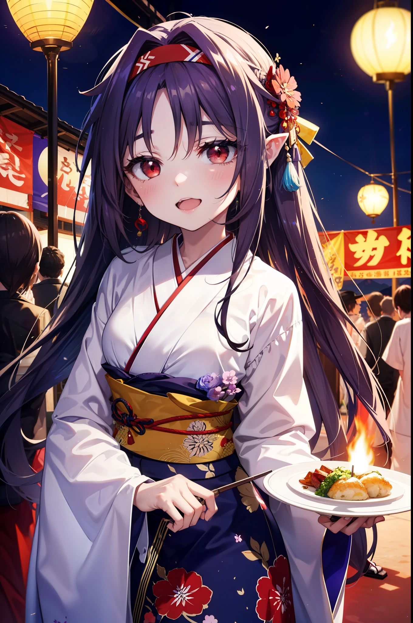 yuukikonno, Konno Yuuki, hair band, Long Hair, Pointed Ears, Purple Hair, (Red eyes:1.5), (Small breasts:1.2), Open your mouth,Open your mouth,Long Hair,happy smile, smile, Open your mouth,Purple Kimono,Long sleeve,Sandals,night空の花火,Fireworks display,Japanese Festivals,Summer festival food stalls,Red Lantern, night,whole bodyがイラストに入るように,Looking down from above,
break outdoors, shrine,                                              break looking at viewer,whole body,Upper Body,(Cowboy Shot:1. 5)
break (masterpiece:1.2), highest quality, High resolution, unity 8k wallpaper, (shape:0.8), (Beautiful and beautiful eyes:1.6), Highly detailed face, Perfect lighting, Highly detailed CG, (Perfect hands, Perfect Anatomy),