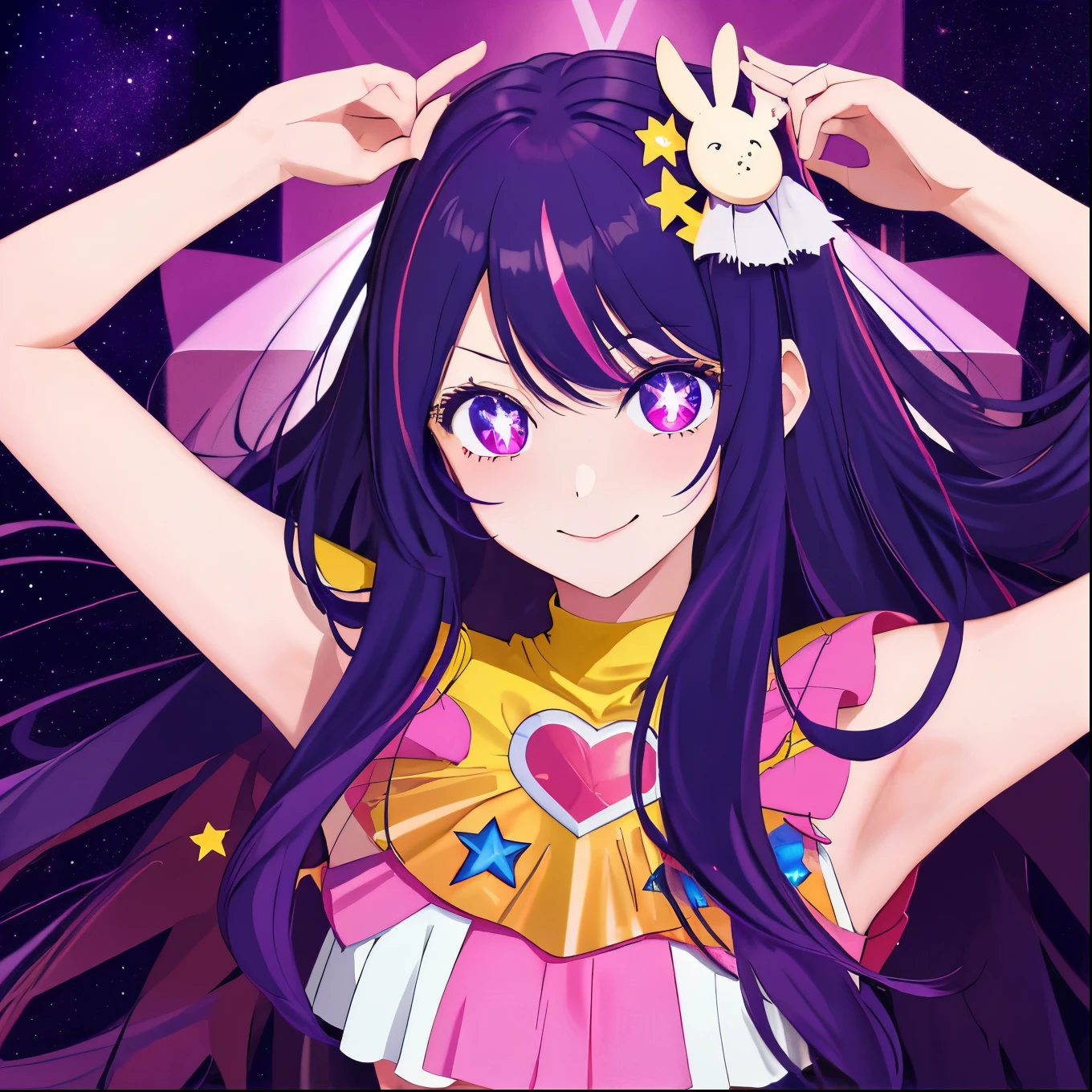 1girl,Hoshino Ai super idol, long hair, purple hair, streaked hair ,purple eyes, star-shaped pupils, hair ornament ,Gorgeous Hair in Long Purple, Six-pointed star eyes, Idol uniform, smile, looking at view sleeveless, mitts, Upper arm up, stage, high quality, highly detailed, A high resolution, hyper HD, masterpiece