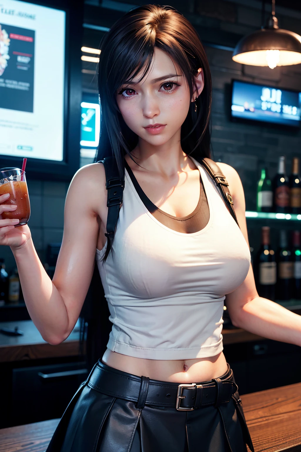 8k,masterpiece, BSET quality,Huge 、(One Girl、Tifa Lockhart、red_eye、Black Hair、Long Hair、Fluttering hair, Adult Beauty、Glowing Skin:1.2、Shiny big)、 ((highest quality))、 Sharp focus:1.2、Highly detailed face and skin texture、詳細なeye、Perfect Face、Perfect body、art、CG、Blur the background、large chest with presence、(20 years,A cool and beautiful adult face、elongated eye)、wear ((Black Skirt)),White Tight Shirt、thigh、White tank top、Ankle boots、redいブーツ、belly button、red blush))、jukebox、Old Bar、Upper Body、Laughter,Professional light source、Fluttering Hair、Random Angle、 Low waist,Thick tight、Face Light, Cinema Lighting、Midgar、Making drinks at the counter、View your viewers