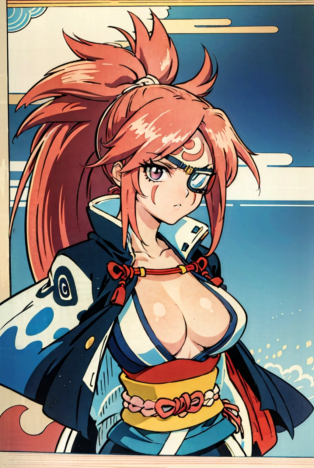 (masterpiece:1.3),(highest quality:1.4),(Super detailed:1.5),High resolution,Very detailed,unity 8k wallpaper,Official Art,Perfect Anatomy,(Anime screenshots:1.11),(90s Anime,90s Anime style,Cel-shaded anime:1.17),((alone:1.52)),(1990s \(style\), retro artstyle:1.5),(anmnr:1.7),((UKIYOE:1.37)),
((baiken:1.52)), amputee, serious, closed mouth, looking at viewer, ponytail, eyepatch, multicolored clothes, open clothes, japanese clothes, kimono, large breasts,