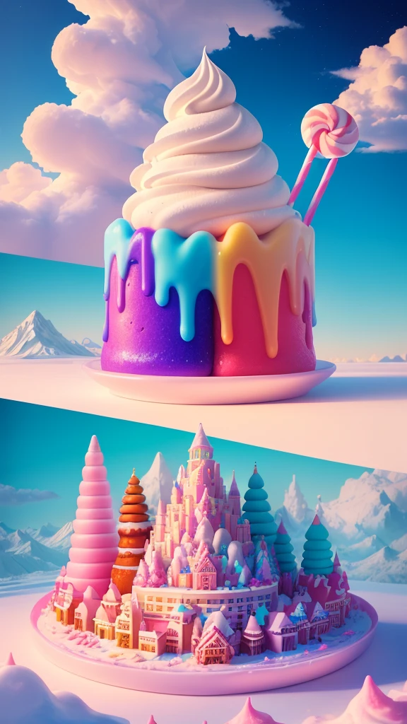 A candy-coated city, where the streets are paved with colorful lollipops and the buildings are made of gingerbread cookies decorated with icing, 1 girl exploring the sweet wonderland, trees made of cotton candy with caramel cane trunks, fountains of melted chocolate with marshmallow people floating in gummy bear boats, a cotton candy sky with shining sugar stars, towering ice cream mountains with whipped cream peaks and cherry tops, a true paradise for sweet lovers, highly detailed, vibrant colors, hyper realistic, 8k, photorealistic, cinematic lighting, concept art style