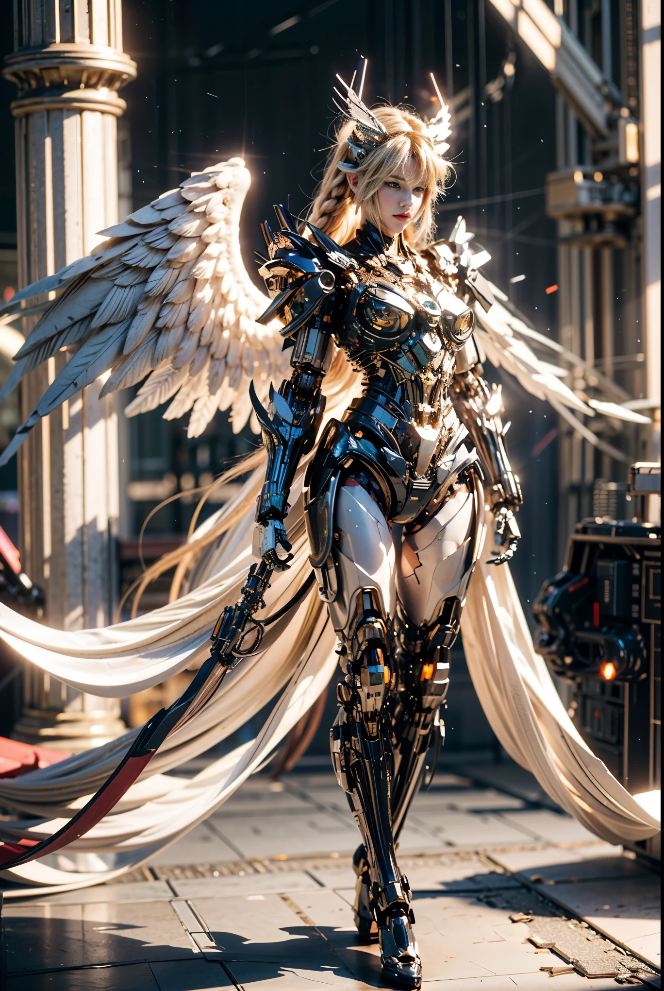 masterpiece, best quality, movie,official art, promotional art, movie wallpaper, extremely detailed CG unity 4k wallpaper, intricate details, white background, full body, concept art, production art, (Mechanical components:1.5),(mechanical prosthesis:1.5), mechanical wings, wings, highres, (realistic, photo-realistic:1.2), physically-based rendering, machinery, reflection, realistic, cyberpunk, symmetric front view close up head shot eyes symmetry face very sharp focus realistic award winning matte drawing cinematic lighting
1girl, robot, (illustration:1.1), slim,
fair skin,delicate face, tights,shine, Bodysuit, (blond long hair),green eyes, laboratory,
chip, shine,braid