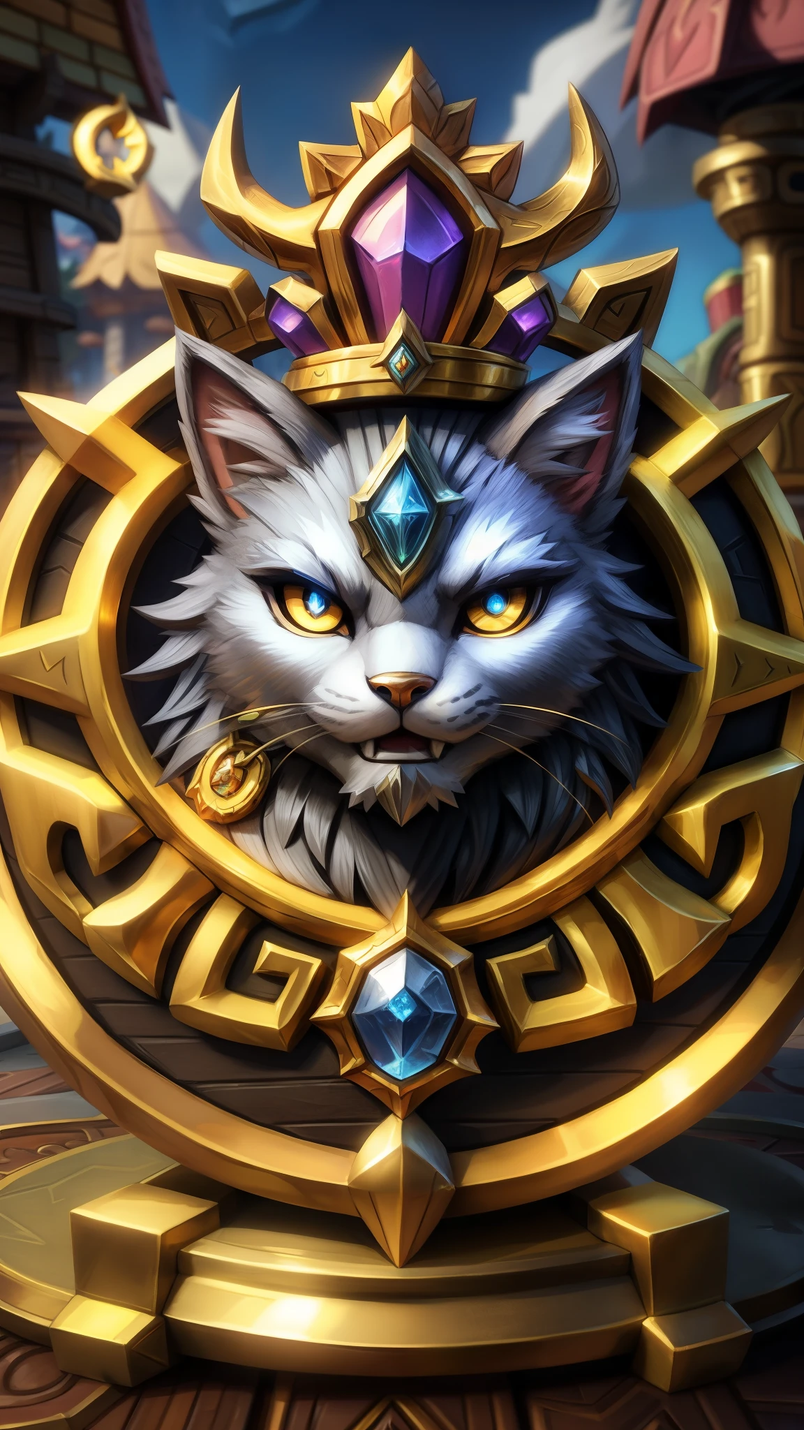 Wild city medallion with metal griffin close-up with crown, Hearthstone art style, Hearthstone style art, cafe icon, cafe stuff, hapness creative, three factions, power, circle, hearthstone concept art, Riot game concept art, league of legends, iconic character welcome art, cat crown legendary,Game badge,Surrounding metal creative cat,orange gold,c4d rendering,Less details, yellow black