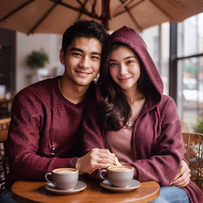 araffe couple sitting at a table with coffee cups, lovely couple, couple, romantic couple, couple pose, fanart, couple portrait, happy couple, wearing a scarlet hoodie, portrait shot, smiling couple, attractive girl, cute woman, high quality portrait, potrait, couples portrait, wearing a red hoodie, profile pic, ruan jia and brom, handsome man