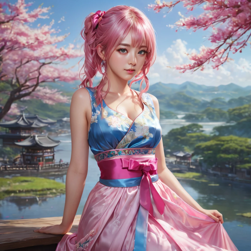 (finely detailed beautiful eyes and detailed face,masterpiece sidelighting,masterpiece,best quality,detailed,high resolution illustration),, (1girl,whole body,short sundress,lustrous skin,looking down,looking at viewer),, (pink hair,blue eyes,ribbon,hanbok, deraved clothes), (clothed_underbust:1.2),underboob