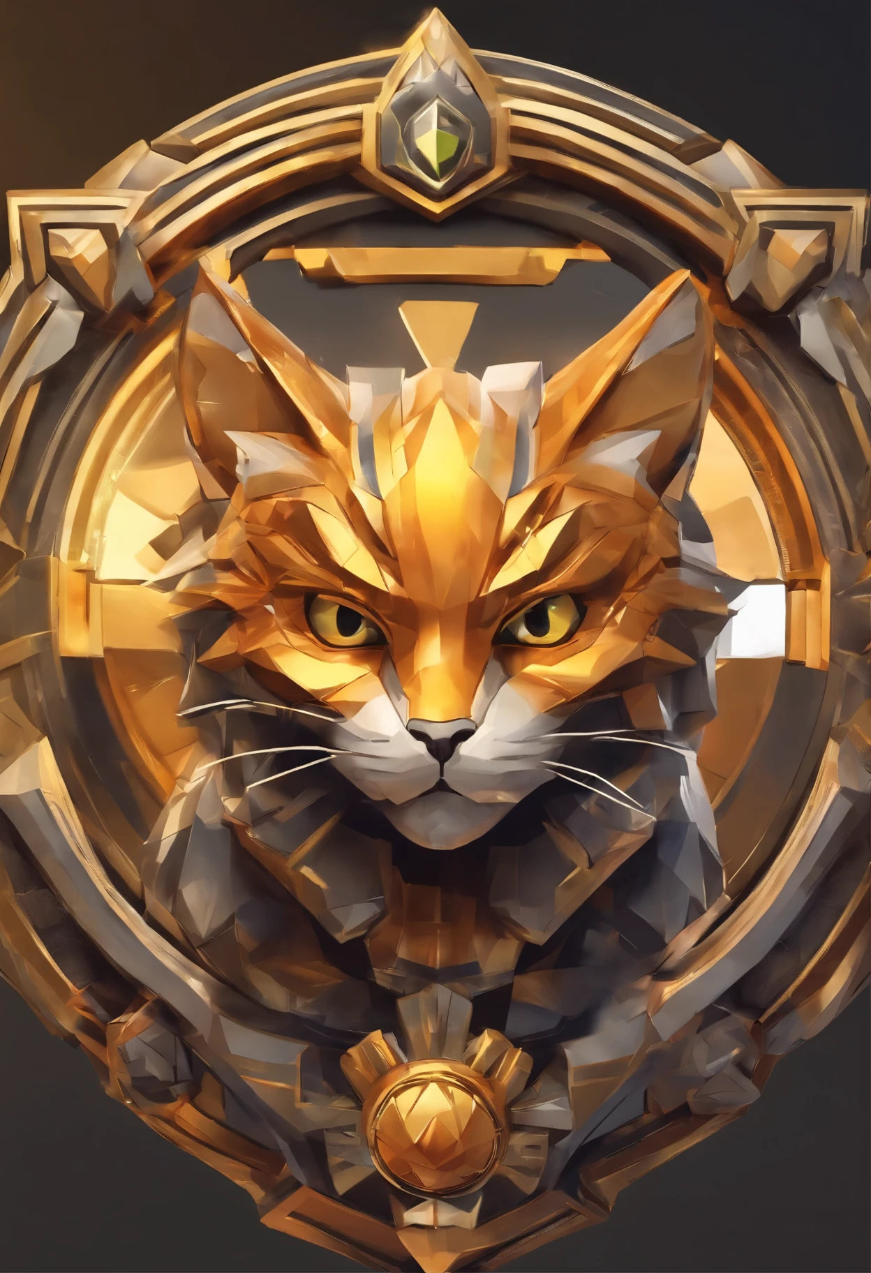 Wild city medallion with metal griffin close-up with crown, Hearthstone art style, Hearthstone style art, cafe icon, cafe stuff, hapness creative, three factions, power, circle, hearthstone concept art, Riot game concept art, league of legends, iconic character welcome art, cat crown legendary,Game badge,Surrounding metal creative cat,orange gold,c4d rendering,Less details, yellow black