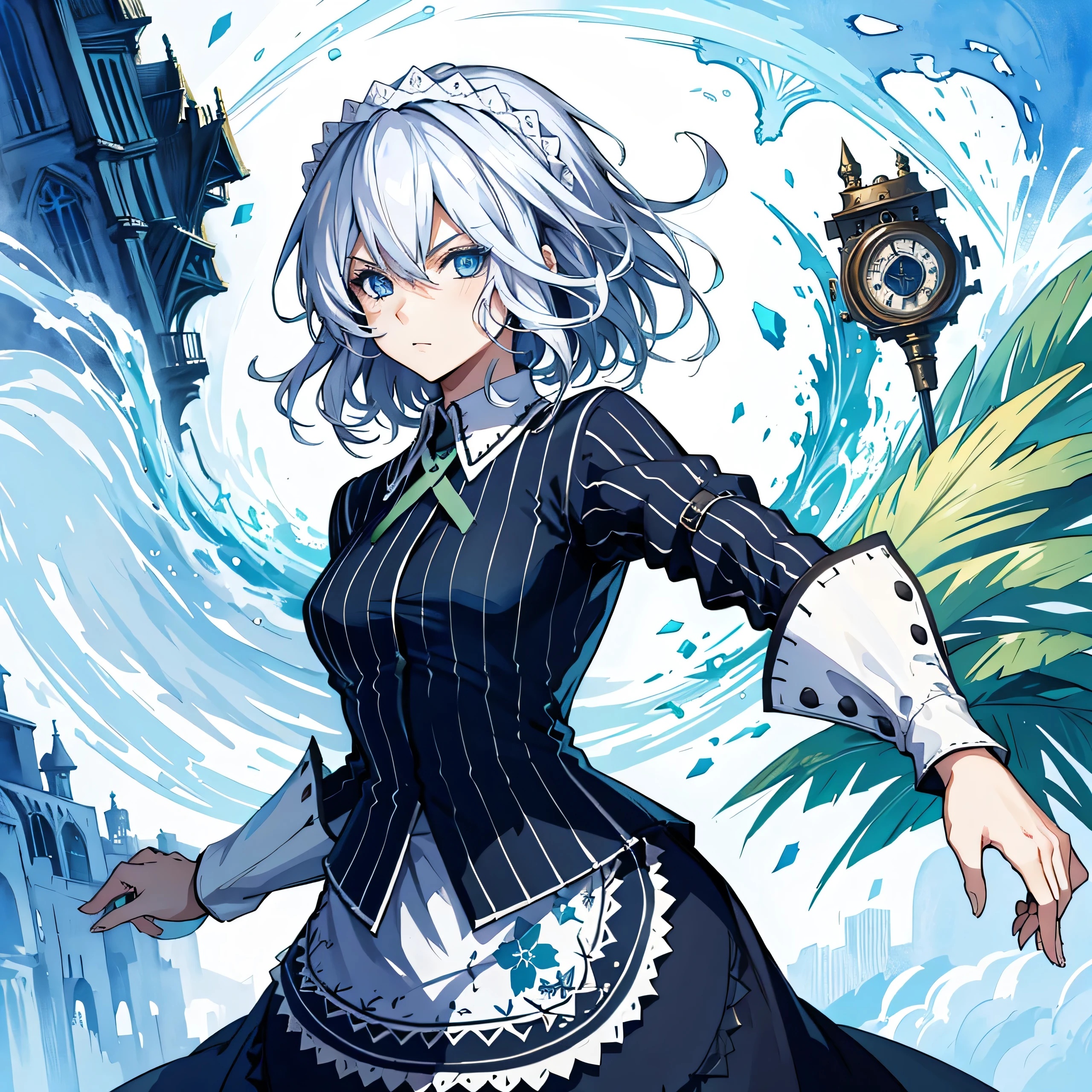 (Masterpiece, Top Quality, Best Quality, watercolour (medium), official arts, Beauty and Aesthetics: 1.2), (1girl 25 years old: 1.3), (s fractal art: 1.3), clean background, Background, full - body, gaze at the viewer, 1girl, solo, sakuya izayoi, silver hair, maid dress, white apron, very short skirt, sexy pose,, sleeveless outfit, detailed face, detailed eyes, fresh blue eyes, big green ribbons, blue outfit, small-to-medium breasts, white hair, bowtie girl, white maid headband