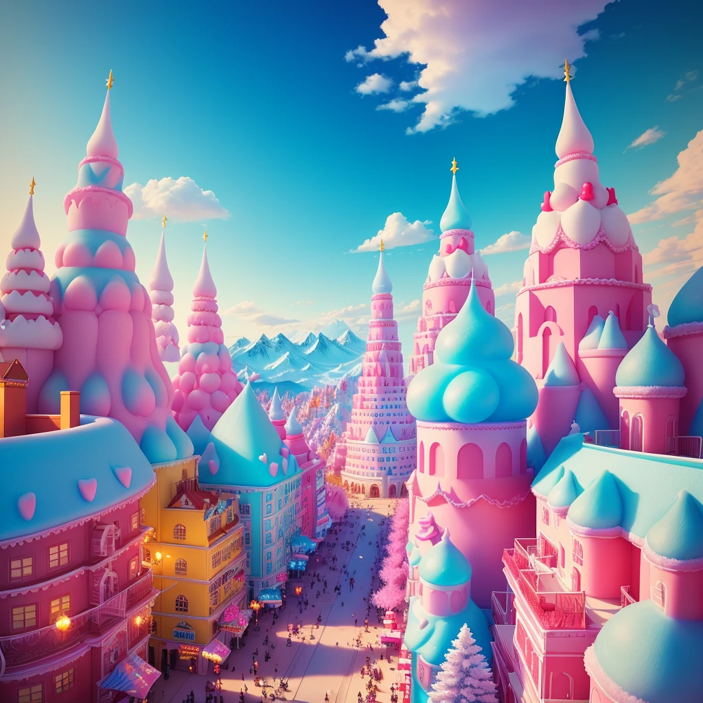 A candy-coated city, where the streets are paved with colorful lollipops and the buildings are made of gingerbread cookies decorated with icing, 1 girl exploring the sweet wonderland, trees made of cotton candy with caramel cane trunks, fountains of melted chocolate with marshmallow people floating in gummy bear boats, a cotton candy sky with shining sugar stars, towering ice cream mountains with whipped cream peaks and cherry tops, a true paradise for sweet lovers, highly detailed, vibrant colors, hyper realistic, 8k, photorealistic, cinematic lighting, concept art style