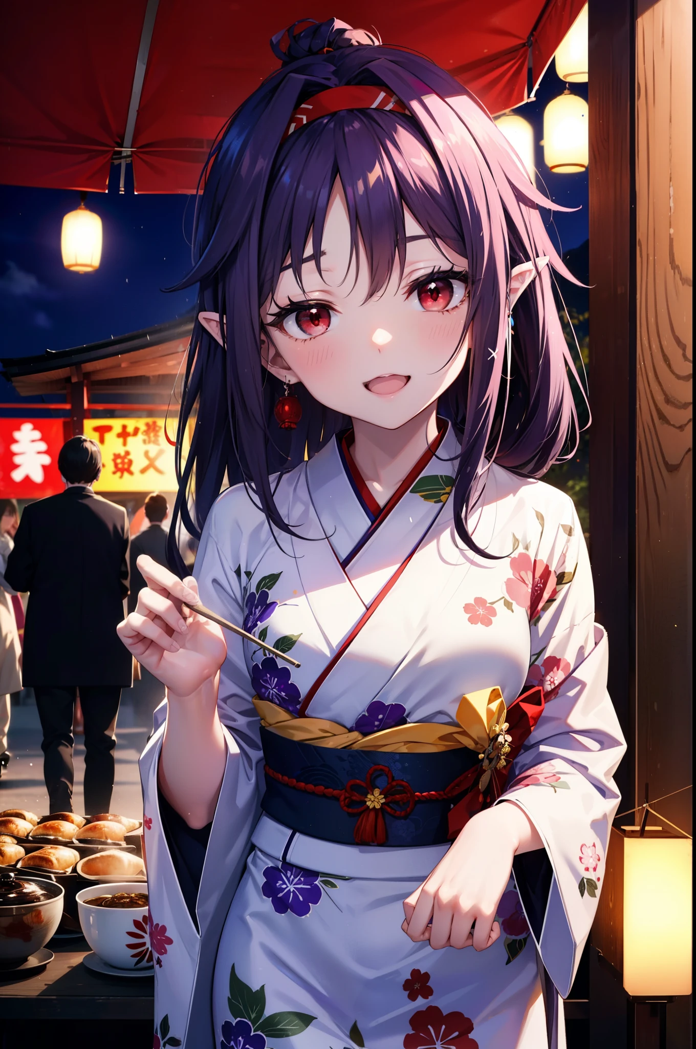 yuukikonno, Konno Yuuki, hair band, Long Hair, Pointed Ears, Purple Hair, (Red eyes:1.5), (Small breasts:1.2), Open your mouth,Open your mouth,Long Hair,happy smile, smile, Open your mouth,Purple Kimono,Long sleeve,Sandals,night空の花火,Fireworks display,Japanese Festivals,Summer festival food stalls,Red Lantern, night,whole bodyがイラストに入るように,Looking down from above,
break outdoors, shrine,                                              break looking at viewer,whole body,Upper Body,(Cowboy Shot:1. 5)
break (masterpiece:1.2), highest quality, High resolution, unity 8k wallpaper, (shape:0.8), (Beautiful and beautiful eyes:1.6), Highly detailed face, Perfect lighting, Highly detailed CG, (Perfect hands, Perfect Anatomy),