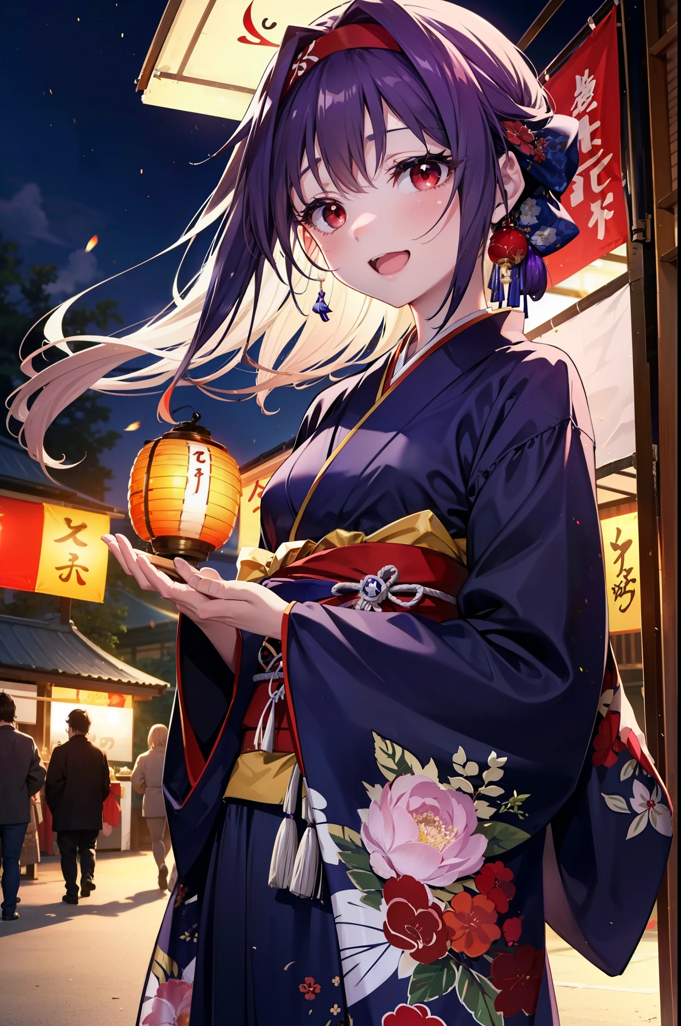 yuukikonno, Konno Yuuki, hair band, Long Hair, Pointed Ears, Purple Hair, (Red eyes:1.5), (Small breasts:1.2), Open your mouth,Open your mouth,Long Hair,happy smile, smile, Open your mouth,Purple Kimono,Long sleeve,Sandals,night空の花火,Fireworks display,Japanese Festivals,Summer festival food stalls,Red Lantern, night,whole bodyがイラストに入るように,Looking down from above,
break outdoors, shrine,                                              break looking at viewer,whole body,Upper Body,(Cowboy Shot:1. 5)
break (masterpiece:1.2), highest quality, High resolution, unity 8k wallpaper, (shape:0.8), (Beautiful and beautiful eyes:1.6), Highly detailed face, Perfect lighting, Highly detailed CG, (Perfect hands, Perfect Anatomy),