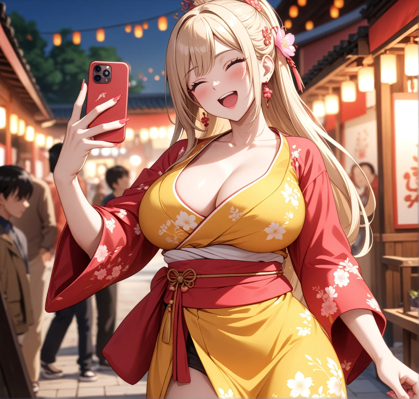 ((One woman)), Beautiful Face,Laughing embarrassedly,((Wink:1.7)),Laugh with a big mouth,(Taking a selfie with your boyfriend using your smartphone),Become bright red,Sweat on the face,Glossy pink lips,Daytime,Shrine festival stalls, ((Anime style background)),masterpiece, highest quality, so beautiful, up to date, Complex details, (Pink long nails),AI-generated, Complex,High resolution, highest quality, super high quality,3D Images、View the viewers、3D Images,one person,Long Blonde Hair,High Ponytail,blue eyes,Anime woman posing for a photo, [[Fine grain、Colorful eyes、Shining Eyes:1.15]],(Squint your eyes:1.1),a hyperRealistic , hyperRealistic , Realistic,Blonde anime woman with long hair, Smooth anime CG art, A woman in a gorgeous kimono with gold embroidery, (Yellow kimono),Pink floral pattern,Long flower hair ornament,Big earrings,(Large Breasts:1.2),Mature Body,tall,Big Ass,Fine details,Narrow waist,Six-pack,Photographed from diagonally above,looking at the camera