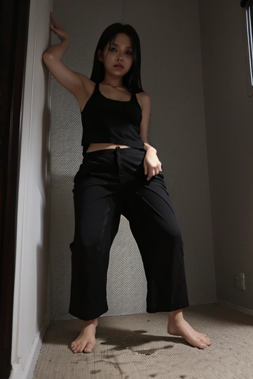 Malay Girl sees the ghost and pees her black culotte pants until her pants are wet in fright.