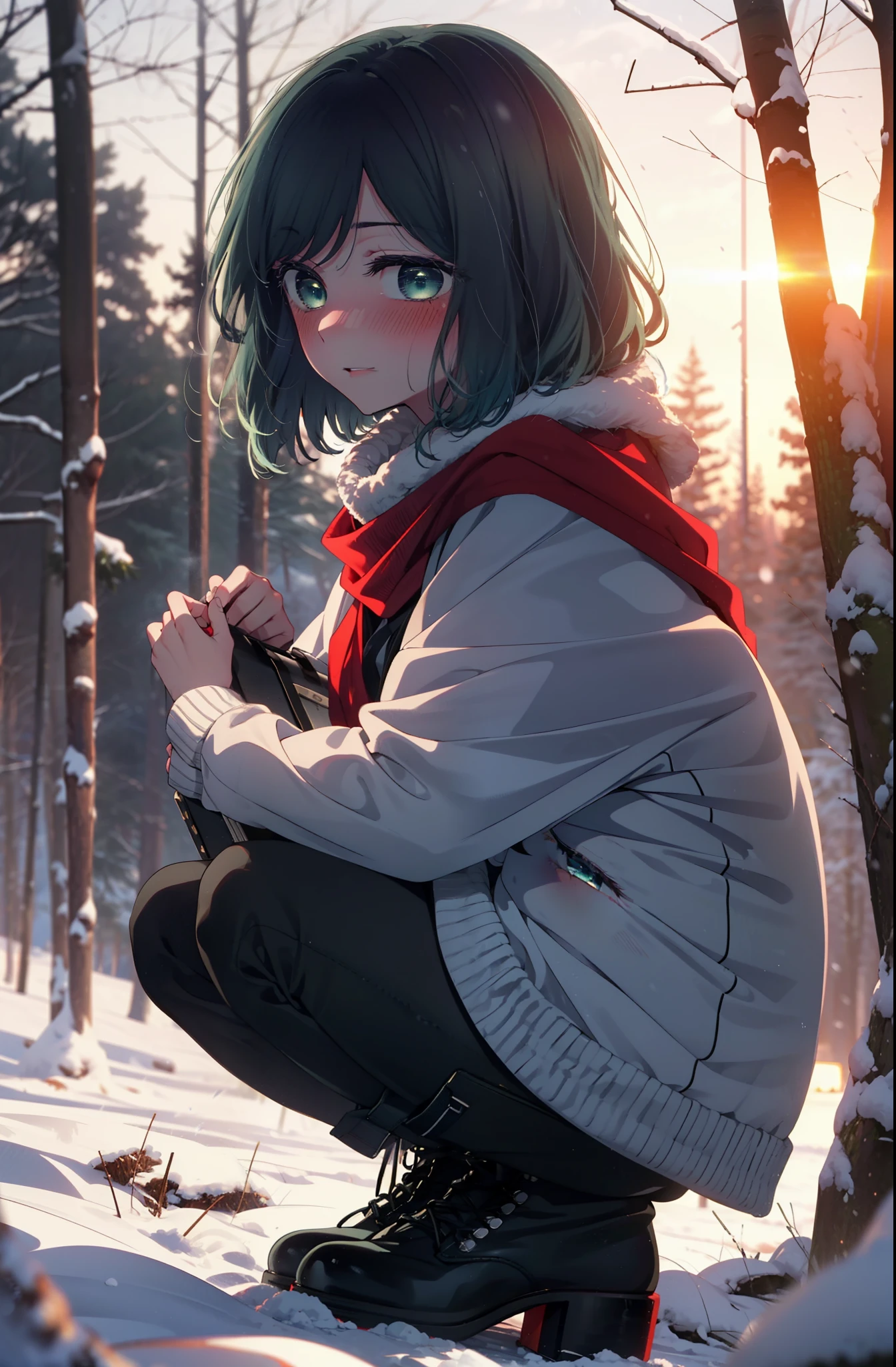 akanekurokawa, akane kurokawa, bangs, (Green Eyes:1.3), Blue Hair, Medium Hair, dark Blue Hair,smile,blush,White Breath,
Open your mouth,snow,Ground bonfire, Outdoor, boots, snowing, From the side, wood, suitcase, Cape, Blurred, , forest, White handbag, nature,  Squat, Mouth closed, Cape, winter, Written boundary depth, Black shoes, red Cape break looking at viewer, Upper Body, whole body, break Outdoor, forest, nature, break (masterpiece:1.2), highest quality, High resolution, unity 8k wallpaper, (shape:0.8), (Beautiful and beautiful eyes:1.6), Highly detailed face, Perfect lighting, Extremely detailed CG, (Perfect hands, Perfect Anatomy),