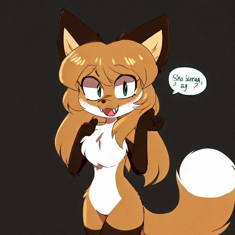 Nervous smiling, uploaded the e621, beautiful and detailed, woman (((female))) ((anthro)) Fox, (Averi, Fox girl), cinematic lighting, Fox, (anthro, fluffy fur), 1girl, anthro fox girl, body fur, curvy, sexy, nice, cute, hot, comfortable anime-style cartoon-style, digital drawing, SFW, green eyes, flat chest, sassy, sassy hips, smug, fangs, black and white background, silhouettes, silhouette, speech bubble, open mouth, shrugging shoulders, shrug, shrugging, tail accessory