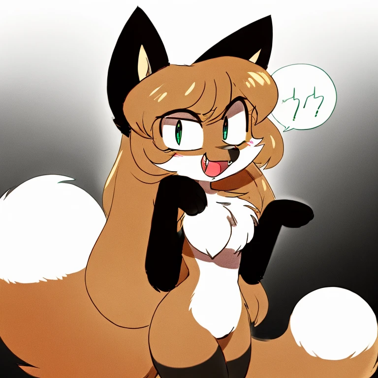 Nervous smiling, uploaded the e621, beautiful and detailed, woman (((female))) ((anthro)) Fox, (Averi, Fox girl), cinematic lighting, Fox, (anthro, fluffy fur), 1girl, anthro fox girl, body fur, curvy, sexy, nice, cute, hot, comfortable anime-style cartoon-style, digital drawing, SFW, green eyes, flat chest, sassy, sassy hips, smug, fangs, black and white background, silhouettes, silhouette, speech bubble, open mouth, shrugging shoulders, shrug, shrugging, tail accessory