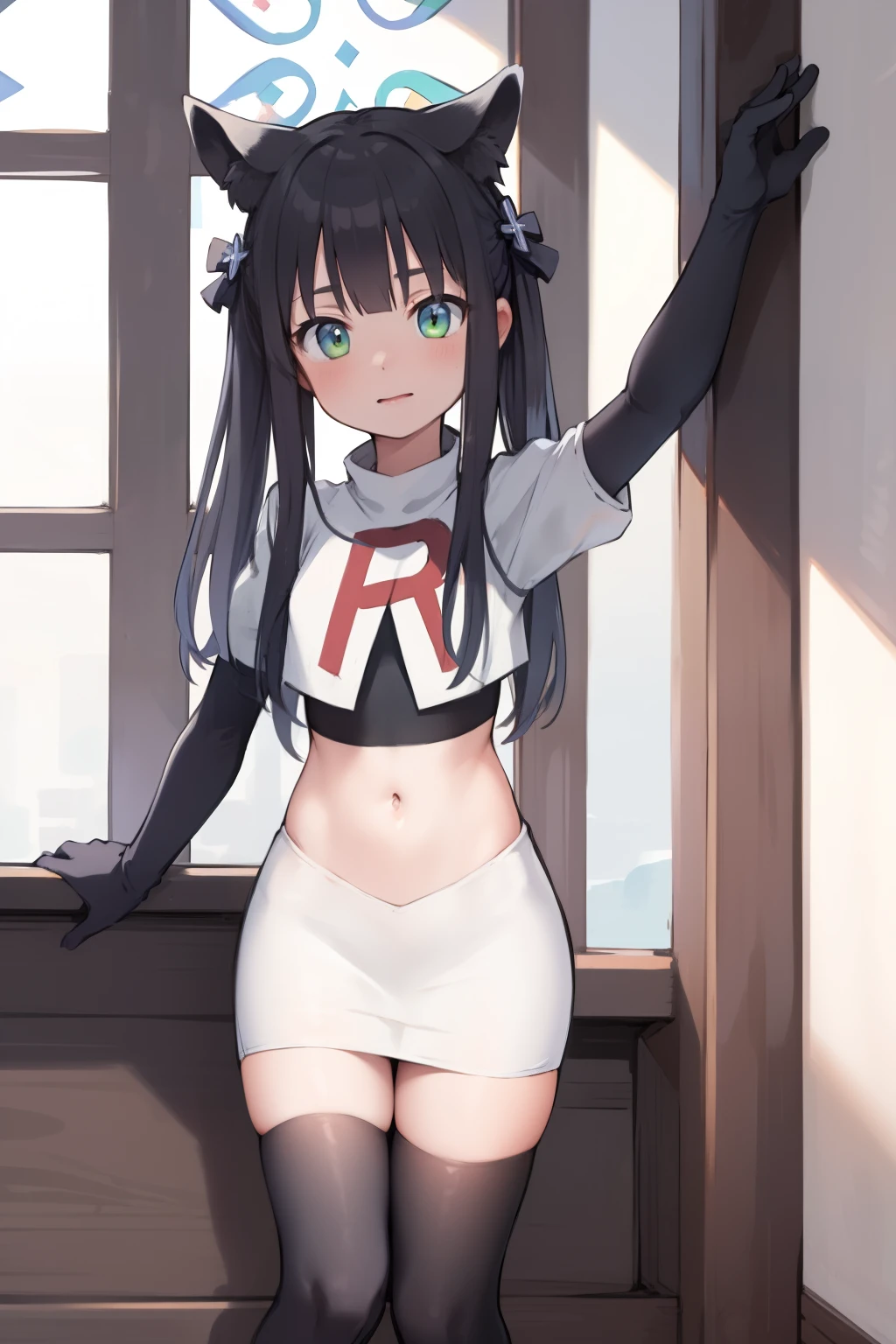 masterpiece,shundef, team rocket,team rocket uniform,white skirt,red letter R,crop top,black thigh-highs,black elbow gloves