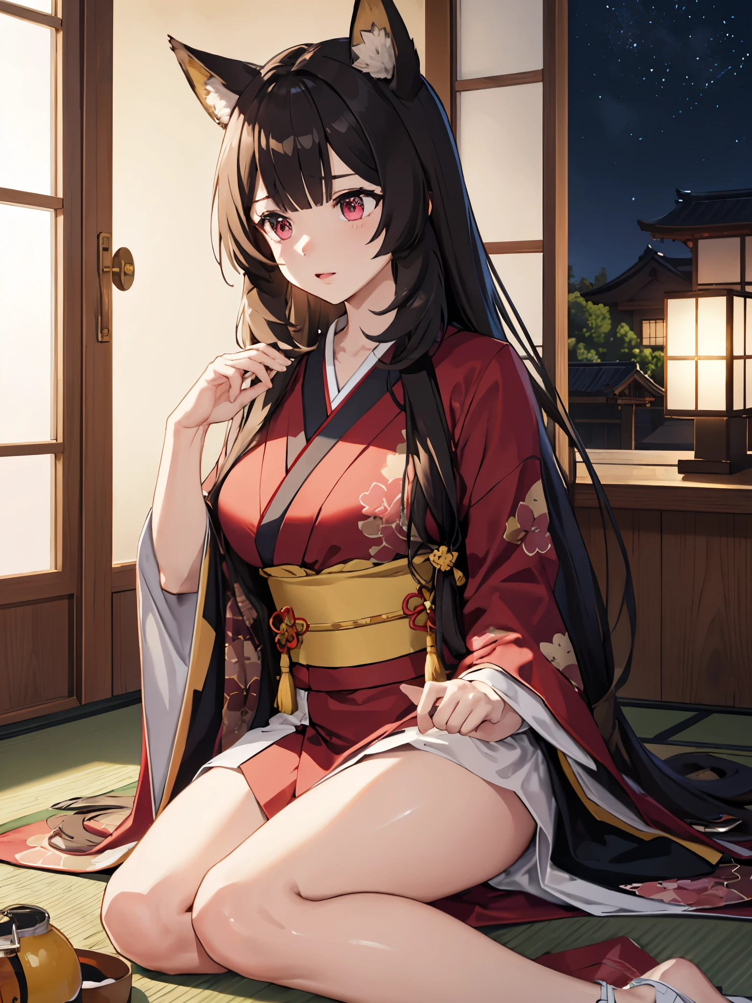 (Best quality), (extremely detailed CG Unity 8k wallpaper), (very detailed), ((absurdity)), Detailed beautiful eyes,Facing right, camera angle from the side, photo from the side, looking away 
Raphtalia, Red eyes, black hair, fox tail, fox ears, 1 girl, Wearing kimono, red kimono, big breast,,Sitting in bed, at night, Japanese house