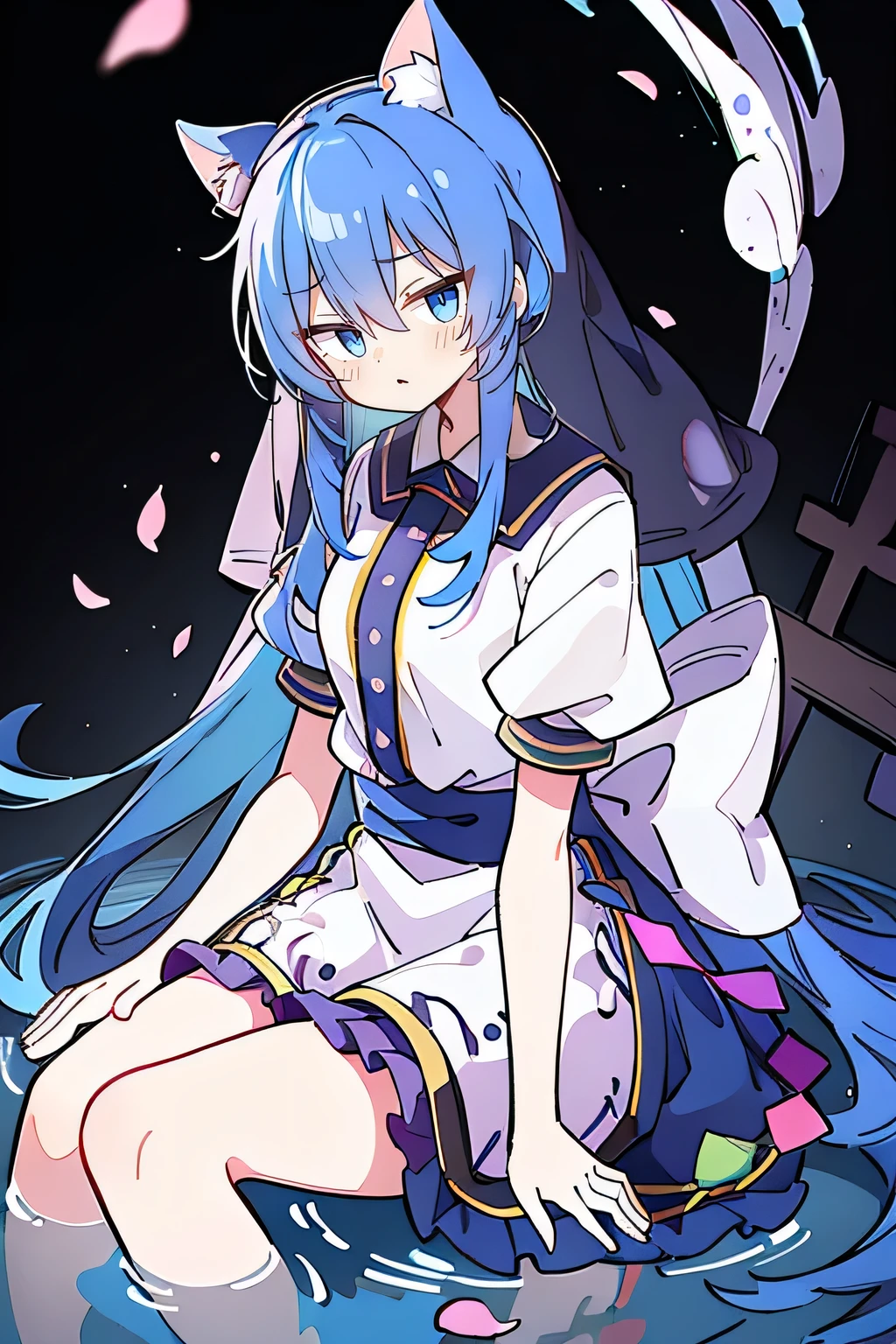 (masterpiece:1.2),Extremely detailed,Practical,expressive eyes,Fair skin,Perfect face shaping,1 Girl,
Japanese cartoons,Gorgeous blue hair, the long flowing blue hair,Floating clothes,Cat ears,Petals fall,beautiful lola,Young Angel,
Place your hands on your waist,sit elegantly on the ground,Cross your legs,Gentle and peaceful background,stately church,nun,lie on the water,Blackening,A look of disdain.