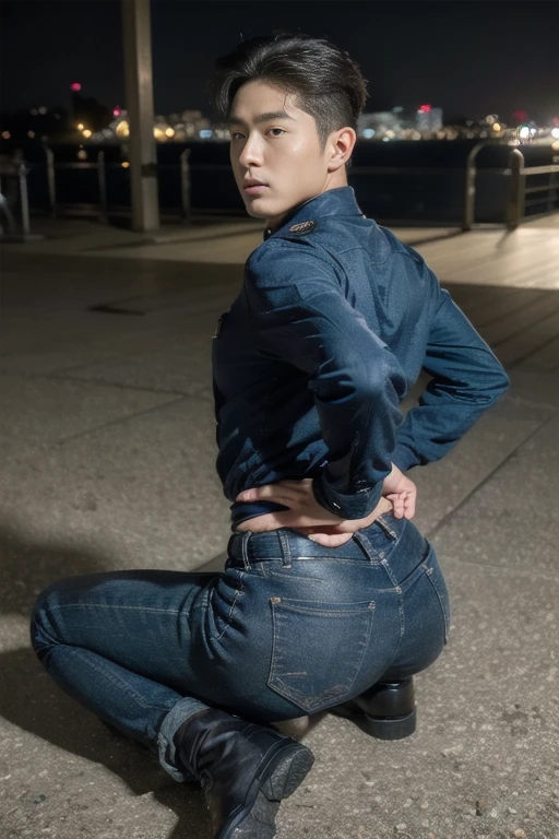 20-year-old boy ,Korean male officer ,..,handsome ,Wear long sleeve police uniform shirt...............,beige dark blue tight trousers, ,((unrealistic super big tight butt wearing pants))............................. Black boots and dark navy gloves.,sit on the ground , His legs spread apart sitting on the ground................................, Police Logo ,tight breasts ,Muscle Man , ((The arm muscles are very large...................)) ,large , Wide shoulders ,open legs, head turn slightly to looking back to the camera, rear shot.......................................... high angle looking down...............,Sexually suggestive, (Dynamic Poses:1.1) , thights , (Embossed Focus:1.2),On your knees........................., empty toilet cubicle at night, Best qualtiy , Wide lens from far ,deep depth of field ,Bokeh background , (((only boy , only male))) , masculine boy , hunk