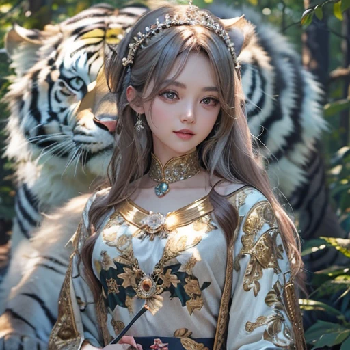 Standing in the forest、Hair flow、 ((highest quality、masterpiece、8k、Best image quality、Ultra-high resolution、Award-winning works)、(Accurate anatomy:1.1)、(Look at me and smile:1.1)、Shining fair skin with Ultra-high resolution、The most detailed face、Ultra-high resolution detailed face、Ultra-high resolutionの髪の毛、(Ultra-high resolution eye:1.1)、Beautiful face drawn in every detail、Traditional Russian costume , Chest to chest,  Strange atmosphere, Next to him stands a real medium-sized white tiger., Dark Light, in the forest , 