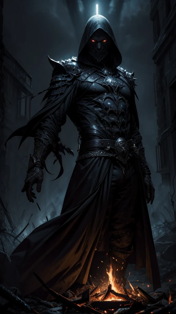 a dark sorcerer, cinaded, ambitious, power-hungry, malevolent, master of fire and dark magic, menacing presence, believed to be defeated and sealed away, whispers of his return, extremely detailed, dark fantasy, dramatic lighting, cinematic, moody atmosphere, rich colors, dramatic shadows, volumetric lighting, highly detailed, intricate details, photorealistic, cinematic composition, dramatic poses, hyper realistic, ultra-detailed, 8k, best quality