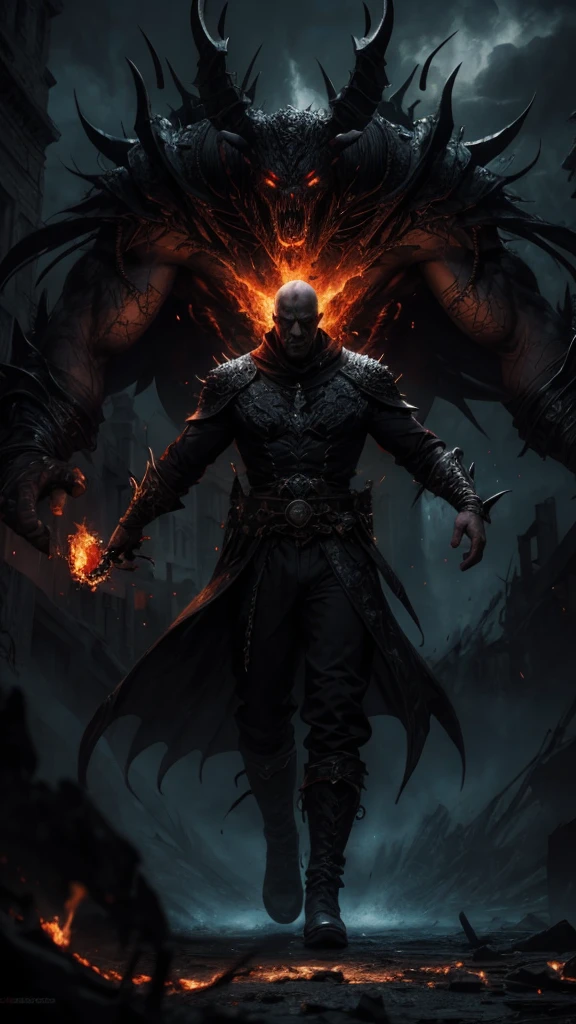 a dark sorcerer, cinaded, ambitious, power-hungry, malevolent, master of fire and dark magic, menacing presence, believed to be defeated and sealed away, whispers of his return, extremely detailed, dark fantasy, dramatic lighting, cinematic, moody atmosphere, rich colors, dramatic shadows, volumetric lighting, highly detailed, intricate details, photorealistic, cinematic composition, dramatic poses, hyper realistic, ultra-detailed, 8k, best quality