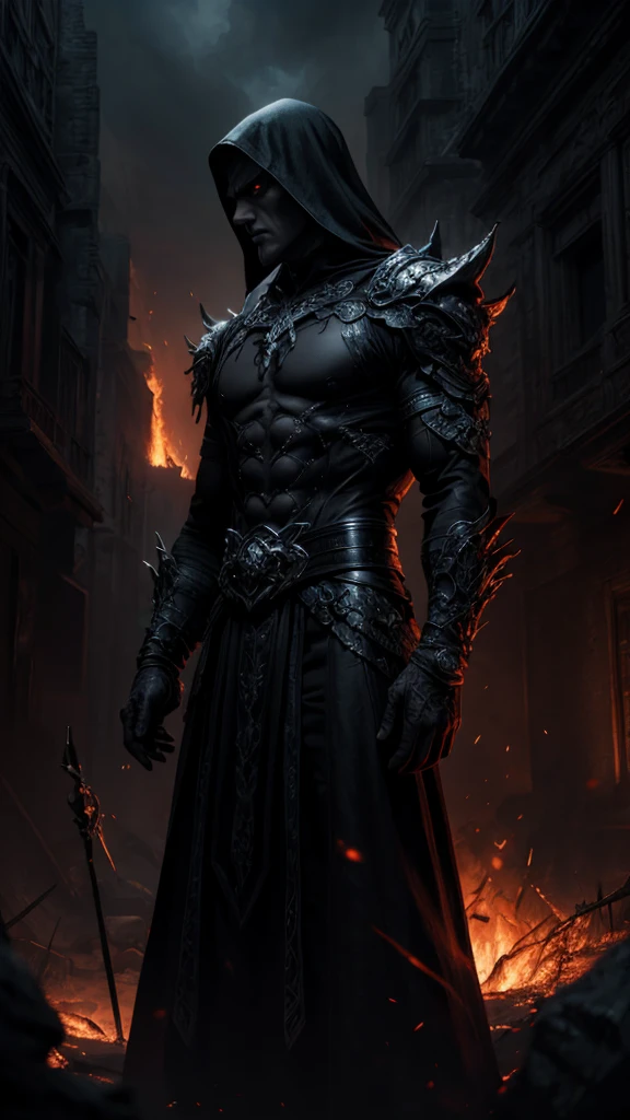 a dark sorcerer, cinaded, ambitious, power-hungry, malevolent, master of fire and dark magic, menacing presence, believed to be defeated and sealed away, whispers of his return, extremely detailed, dark fantasy, dramatic lighting, cinematic, moody atmosphere, rich colors, dramatic shadows, volumetric lighting, highly detailed, intricate details, photorealistic, cinematic composition, dramatic poses, hyper realistic, ultra-detailed, 8k, best quality