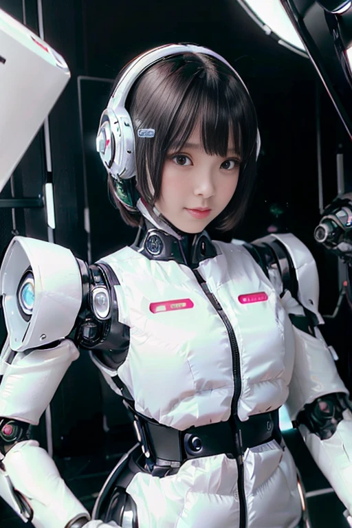 A girl in a futuristic bright white heavily armored robot suit takes a photo、perfect android girl, Female cyborg body, Perfect anime cyborg woman, Beautiful female android!, Female Robot, completely robot!! girl, Cute cyborg girl, Cyber Suit, Girl wearing mecha cybernetic armor, Cyber Suit, beutiful white girl cyborg, Beautiful female android, Beautiful girl cyborg、Cute cyborg girl with short bob hair、Beautiful android sculpture model、(Laughter)、((Rounded, white, sturdy armor))、(((Equipped with long sensor antennas on both ears)))、(((Robot Girl)))、(((Android girls)))、