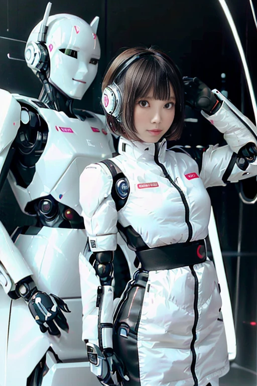 A girl in a futuristic bright white heavily armored robot suit takes a photo、perfect android girl, Female cyborg body, Perfect anime cyborg woman, Beautiful female android!, Female Robot, completely robot!! girl, Cute cyborg girl, Cyber Suit, Girl wearing mecha cybernetic armor, Cyber Suit, beutiful white girl cyborg, Beautiful female android, Beautiful girl cyborg、Cute cyborg girl with short bob hair、Beautiful android sculpture model、(Laughter)、((Rounded, white, sturdy armor))、(((Equipped with long sensor antennas on both ears)))、(((Robot Girl)))、(((Android girls)))、