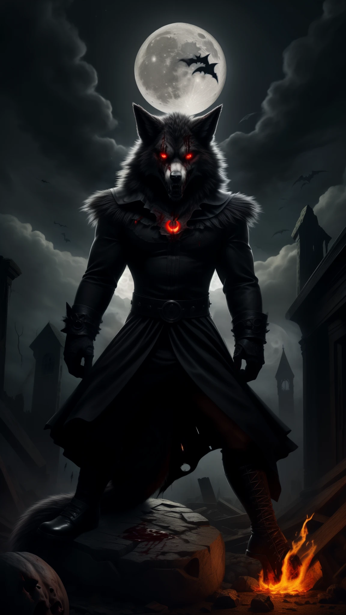 werewolf fursuit fox male muscular (on top of a rock in England in 1889 red eyes glowing like fire howling at the full moon and people below scared), (goth uniform), (blood), (alone in a destroyed church true work of horror art), (Halloween special), (tail), (DeathSmiles style),