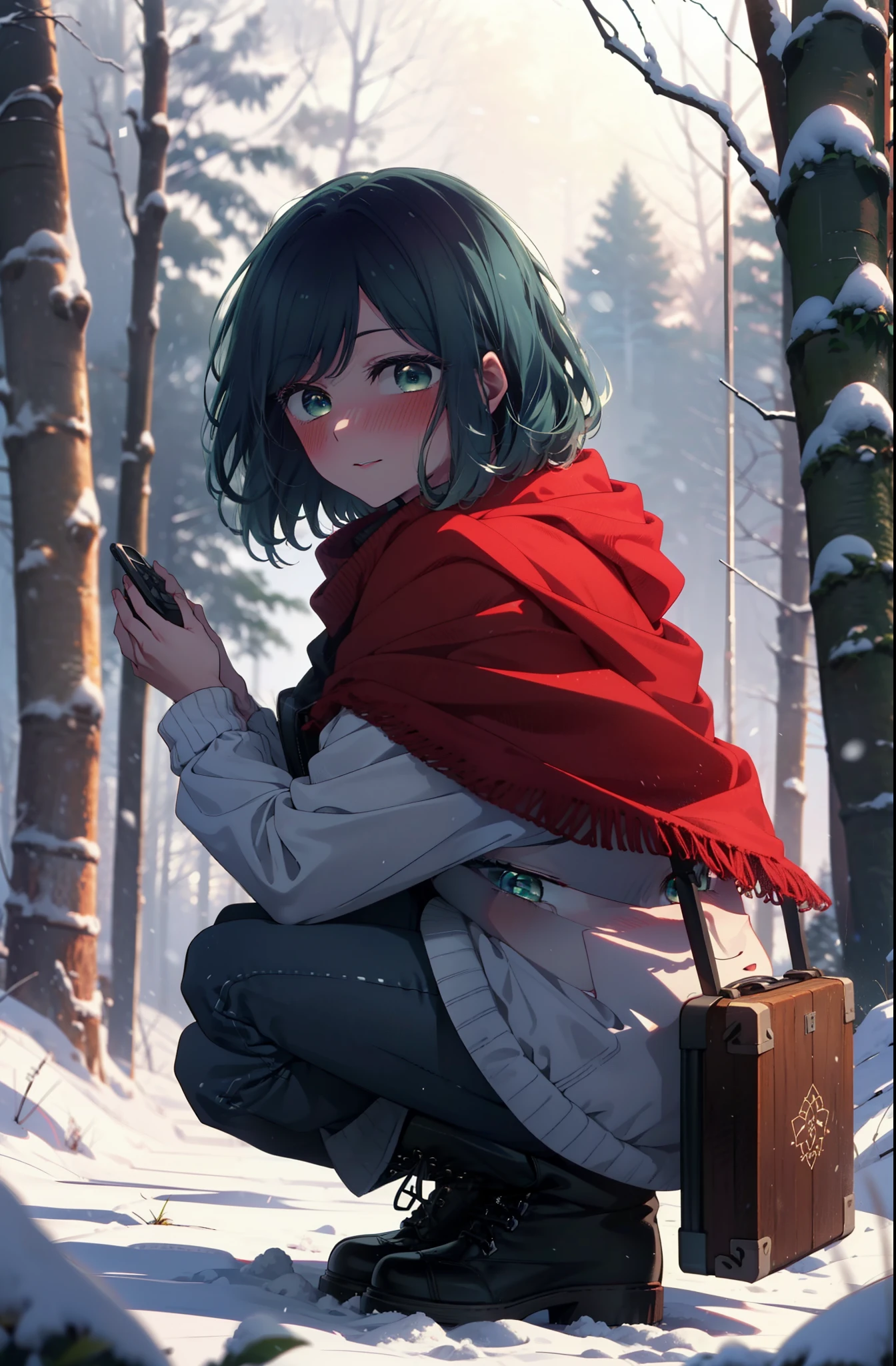 akanekurokawa, akane kurokawa, bangs, (Green Eyes:1.3), Blue Hair, Medium Hair, dark Blue Hair,smile,blush,White Breath,
Open your mouth,snow,Ground bonfire, Outdoor, boots, snowing, From the side, wood, suitcase, Cape, Blurred, , forest, White handbag, nature,  Squat, Mouth closed, Cape, winter, Written boundary depth, Black shoes, red Cape break looking at viewer, Upper Body, whole body, break Outdoor, forest, nature, break (masterpiece:1.2), highest quality, High resolution, unity 8k wallpaper, (shape:0.8), (Beautiful and beautiful eyes:1.6), Highly detailed face, Perfect lighting, Extremely detailed CG, (Perfect hands, Perfect Anatomy),