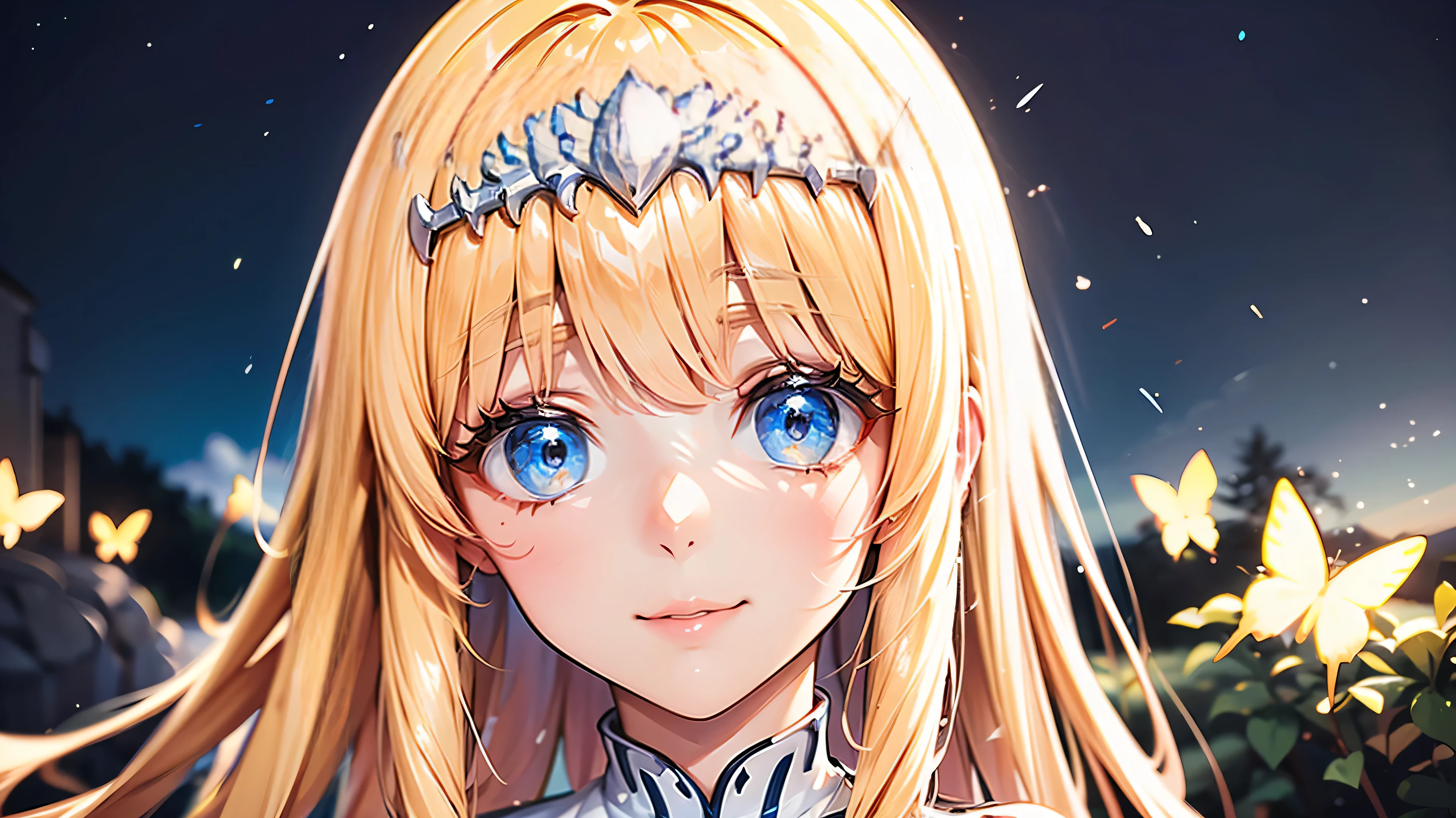 (best quality,highres), Anime style, fireflies in the background, computer graphics, A high resolution, Best quality, Masterpiece, , (computer graphics игры),Butterflies fly against the background of nature ,Beautiful eyes, gaze , detailed picture, Masterpiece, 1girl, solo, Calca, Calca Bessarez, blonde hair, (extremely long hair:1.3), very long hair, white tiara, white dress, blue eyes, medium chest